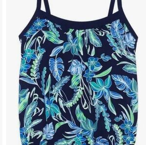 NEW Lands' End Tankini Swim Top. Size 2, Navy blue tropical print.